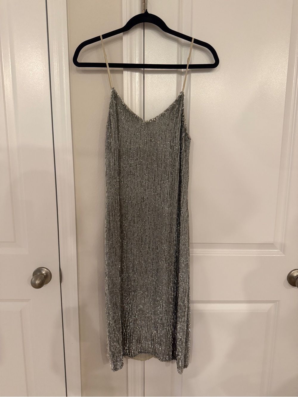 Retrofête - Mischa Dress Silver Sequin Dress with Spaghetti Straps NWT